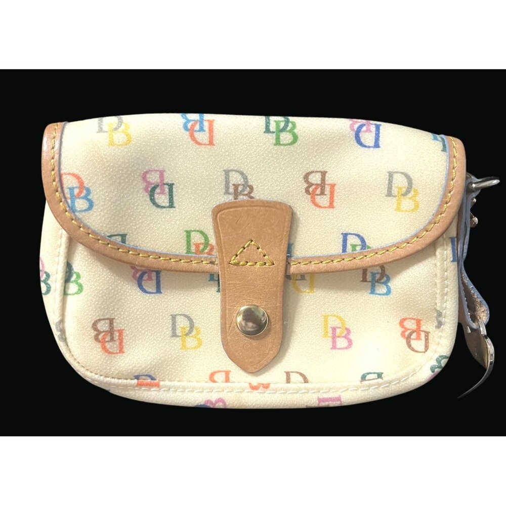Vintage Dooney & Bourke Multicolor Monogram Print Cream Wristlet Pouch N03 K